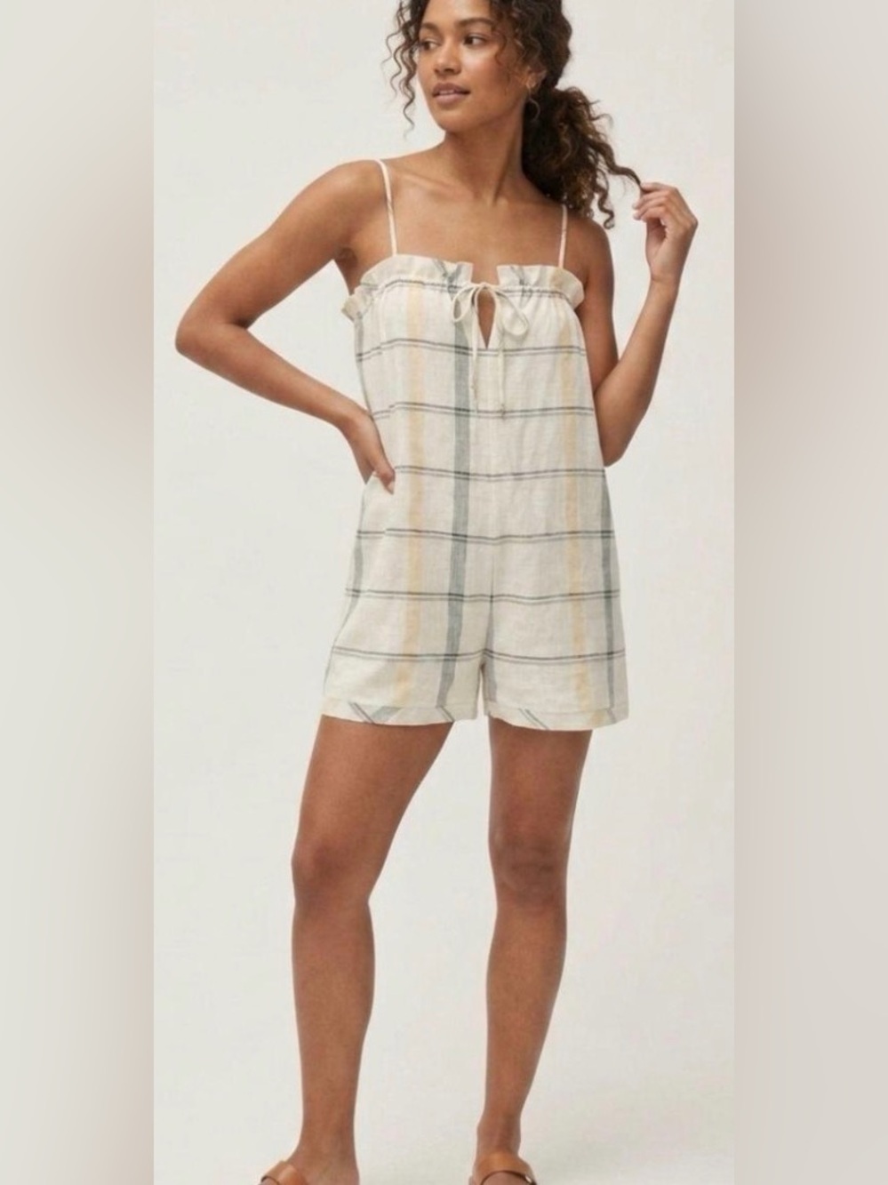 Urban Outfitters Women SPlaid Cotton Lacey Shapeless Tie Front Playsuit Romper